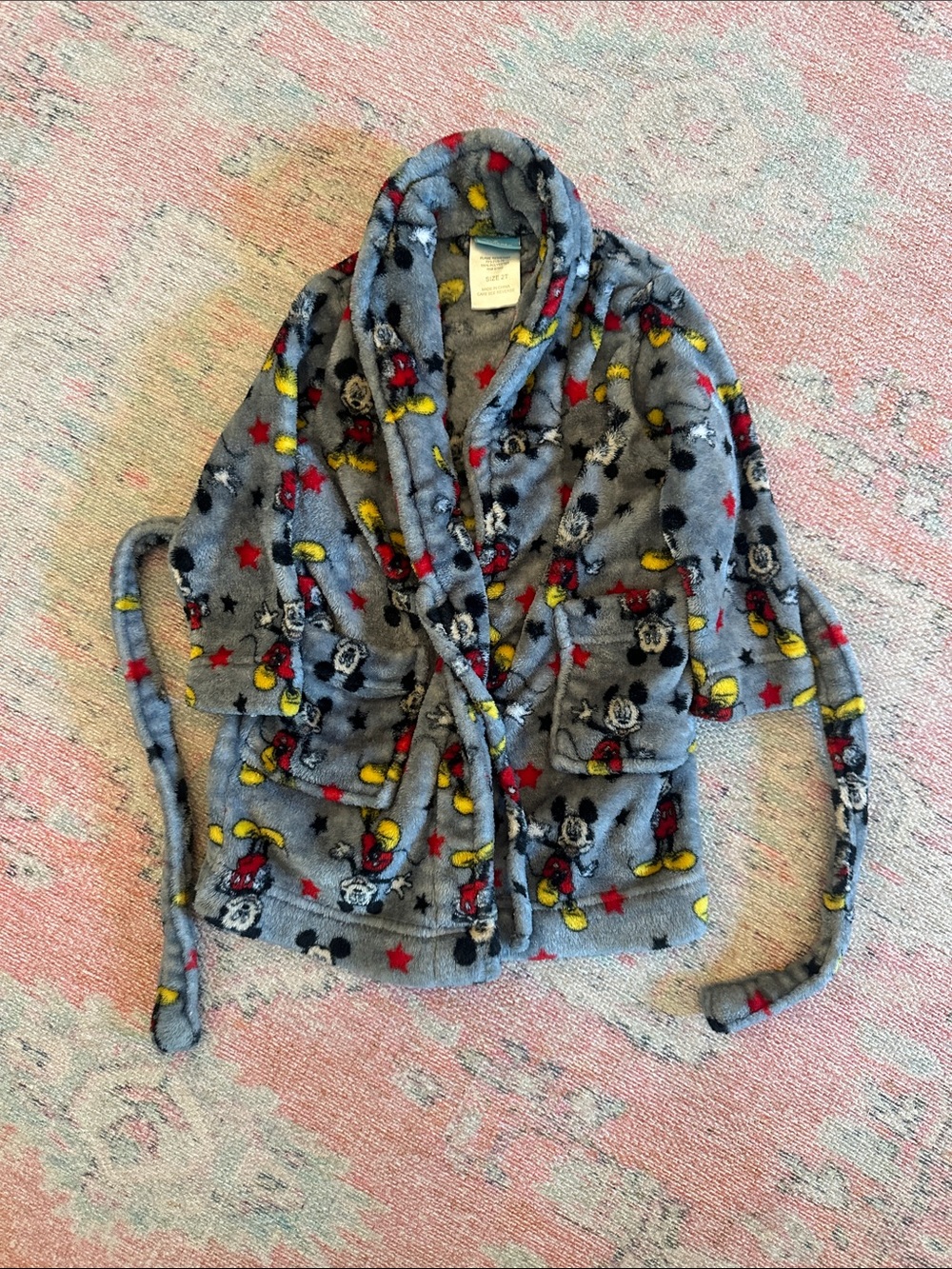 Disney Mickey Mouse Plush Hooded Robe in Gray with Red Stars & Yellow Accents